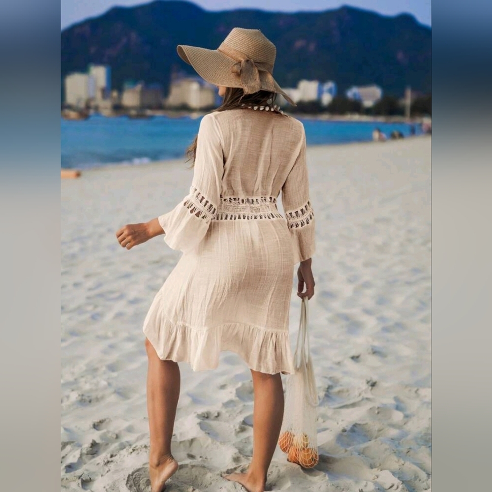 New Boho Crochet Lace Tie Bikini Cover Up Swim Beige Ivory